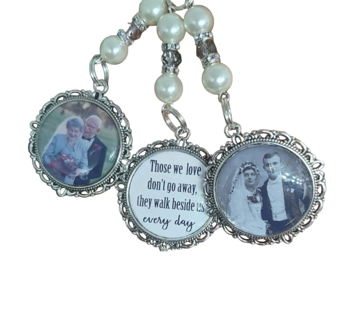 Bridal Those we love don't go away. Photo wedding bouquet triple charm memorial keepsake