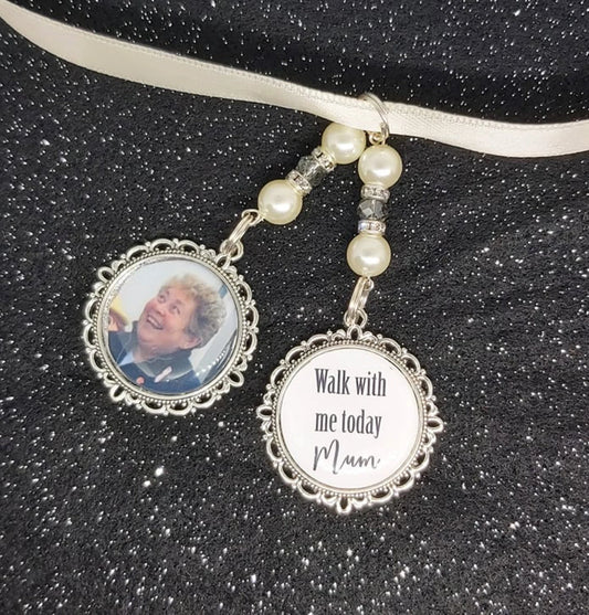 Walk with me today Momma Mum. Photo memorial wedding bouquet charm for a bridal bouquet. Name can be changed