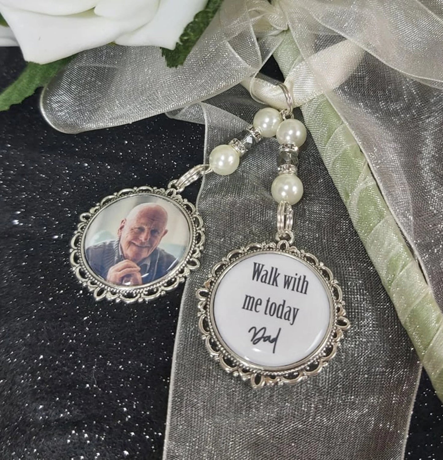 Walk with me today Dad. Photo memorial wedding bouquet charm for a bridal bouquet. Name can be changed