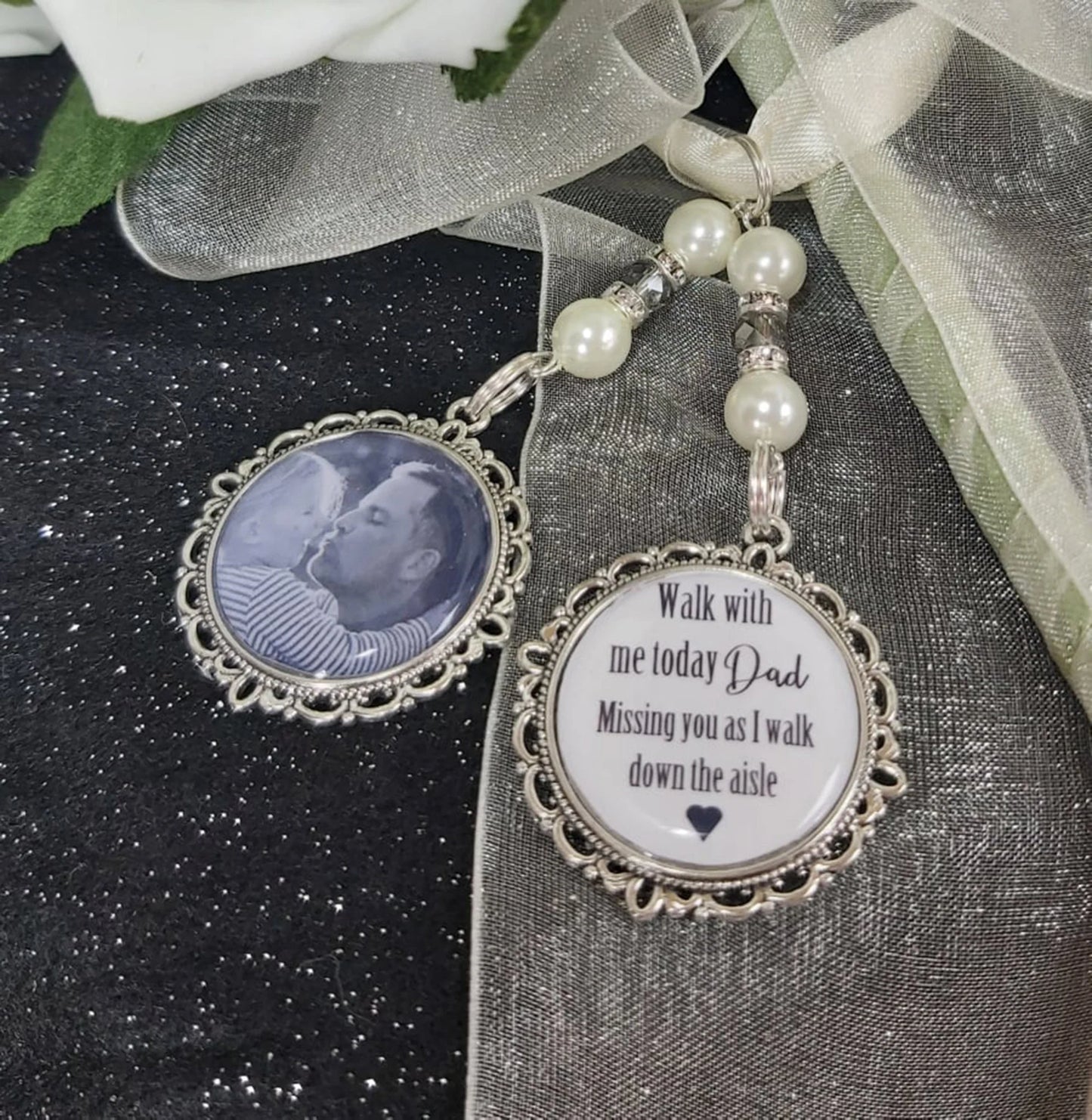 Walk with me today Dad missing you as I walk down the aisle. Photo memorial wedding bouquet charm for a bridal bouquet. Name can be changed