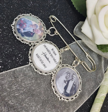 Custom Groom Photo Lapel Kilt Pin with 3 or 4 memorial wedding party Charm. We know be here today heaven picture bouquet Memory Charm.