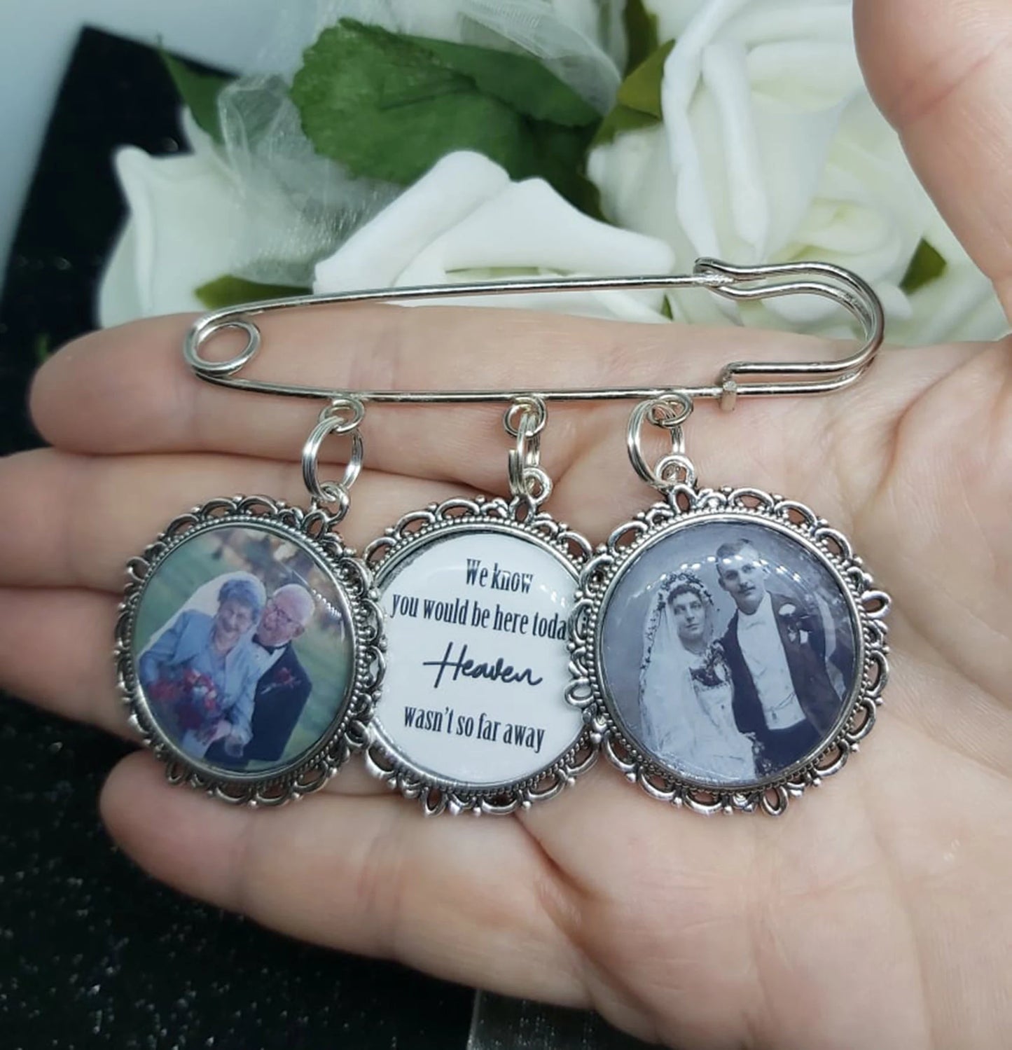 Custom Groom Photo Lapel Kilt Pin with 3 or 4 memorial wedding party Charm. We know be here today heaven picture bouquet Memory Charm.