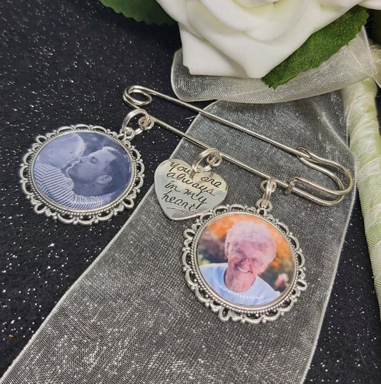 Custom Groom Photo Lapel Kilt Pin with 2 photos and an 'Always in my heart' charm.