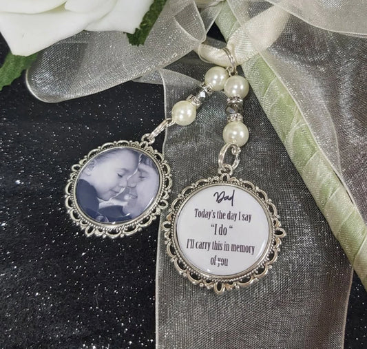 Dad today's the day I say I do. Photo memorial wedding bouquet charm for a bridal bouquet. Name can be changed