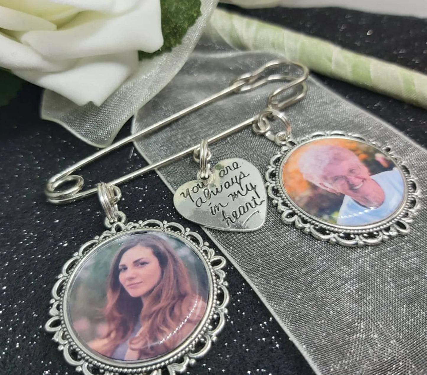 Custom Groom Photo Lapel Kilt Pin with 2 photos and an 'Always in my heart' charm.