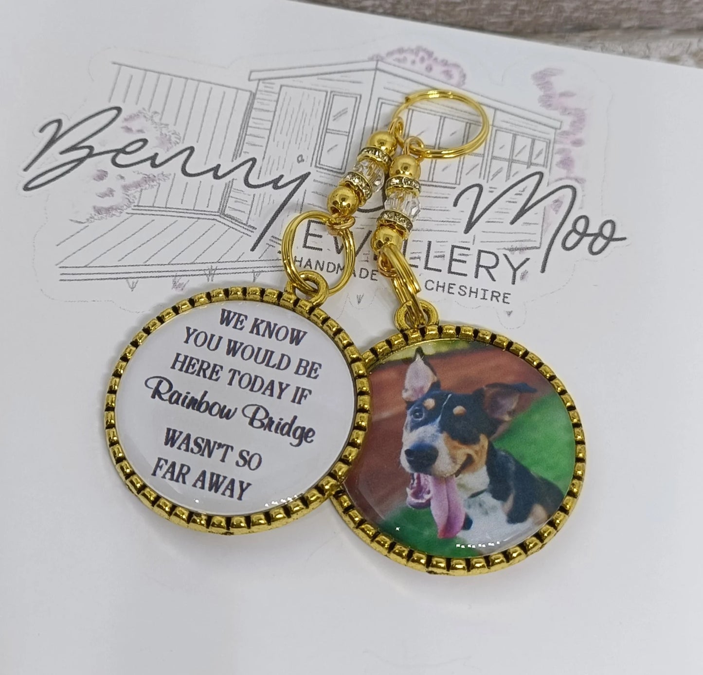 We know you would be here today if rainbow bridge wasn't so far away.  Pet photo charm for a bridal wedding bouquet.