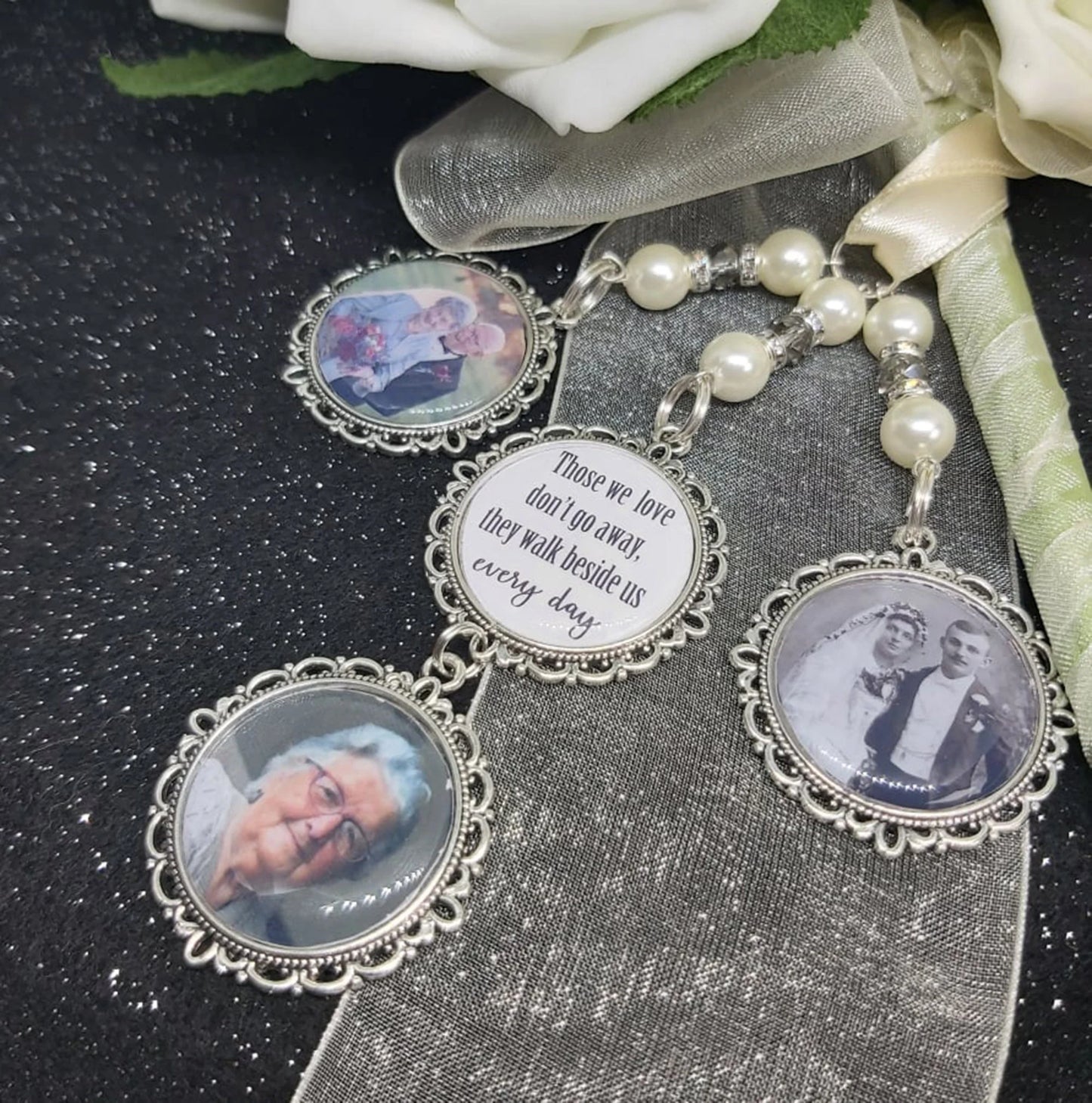 Bridal Those we love don't go away. Photo wedding bouquet triple charm and quote memorial keepsake